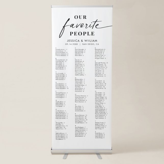Elegant Script Alphabetical Wedding Seating Chart Retractable Banner (Front)