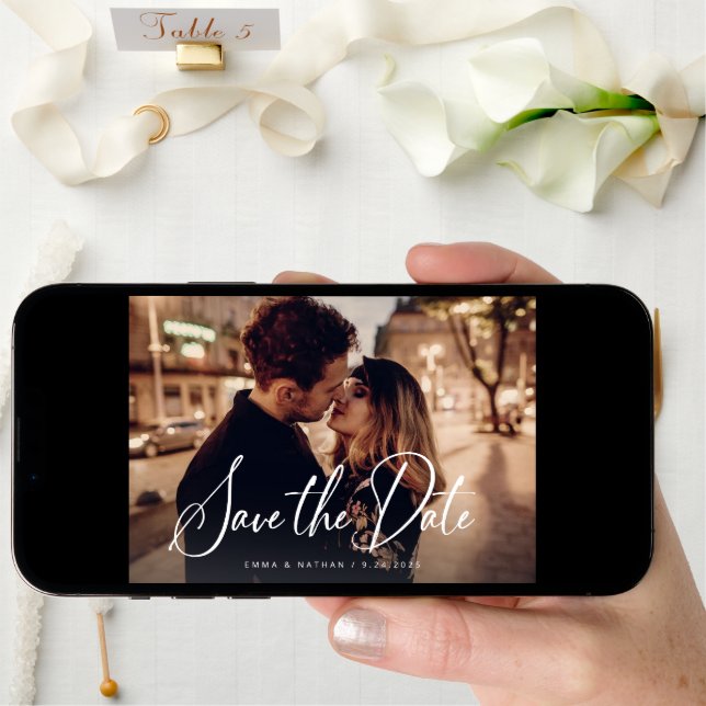 Elegant Script and Black | Two Photo and QR Code Save The Date (Front Digital)