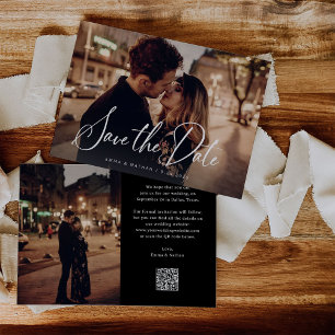 Elegant Script and Black   Two Photo and QR Code Save The Date