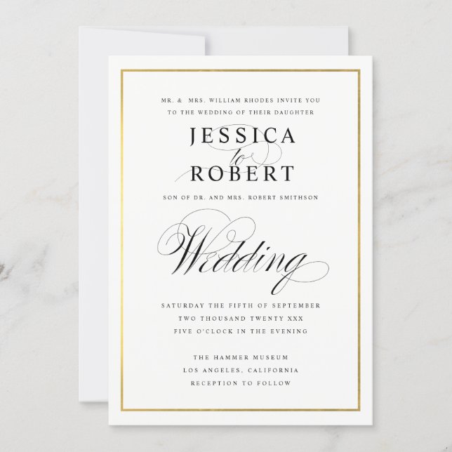 Elegant Script and Gold Border Wedding Invitation (Front)