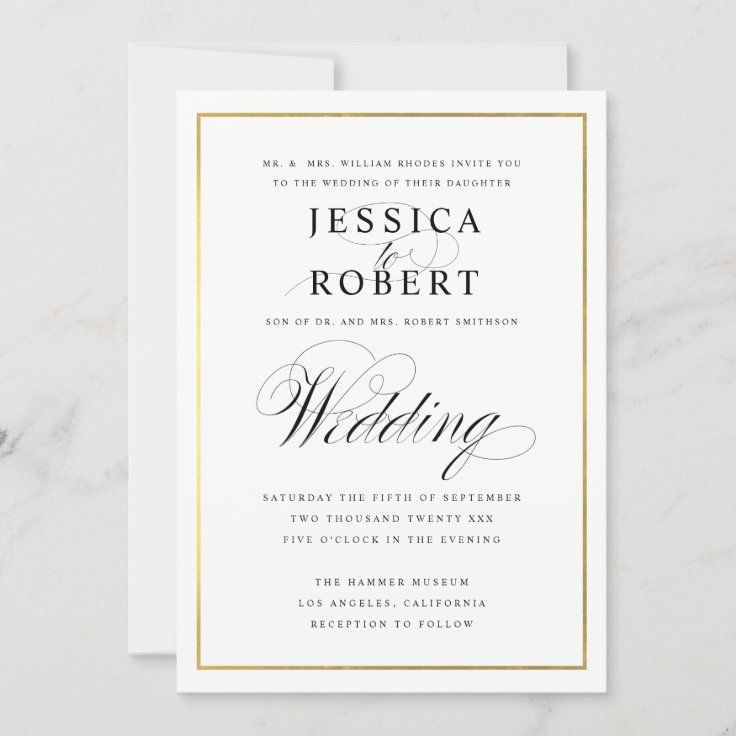 Elegant Script and Gold Border Wedding Invitation | Zazzle