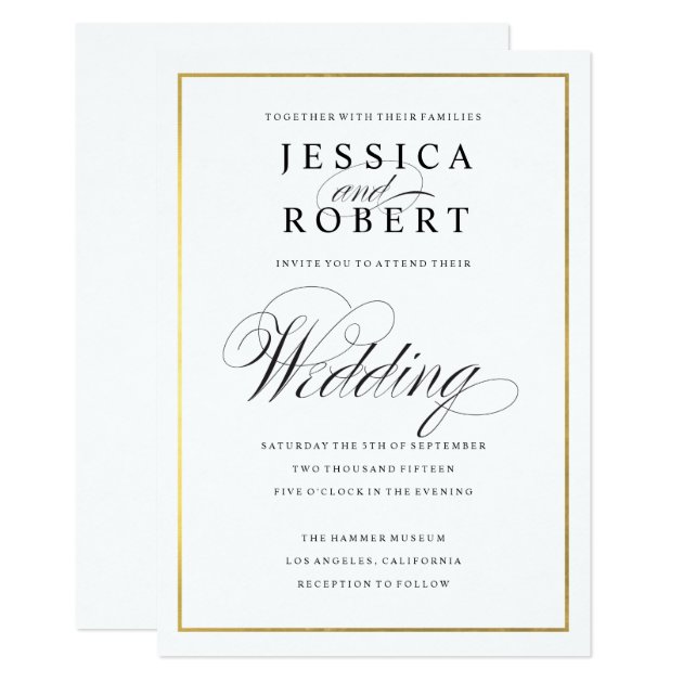 Elegant Script And Gold Border Wedding Invitation