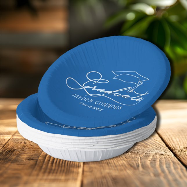 Elegant Script and Grad Cap Blue Paper Bowls (Elegant Graduate script and grad cap on blue paper bowls)