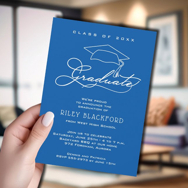 Elegant Script and Grad Cap on Blue Graduation Announcement (Blue graduation announcement cards feature your details in chic white lettering.)