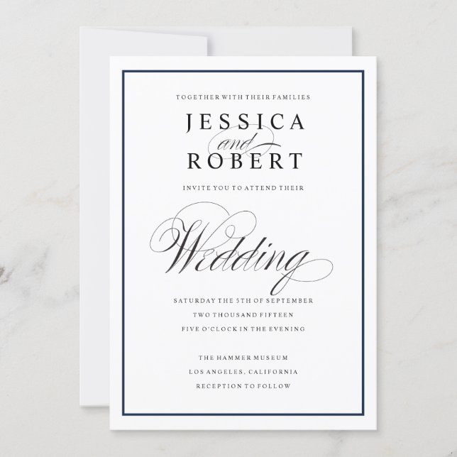 Elegant Script and Navy Border Wedding Invitation (Front)