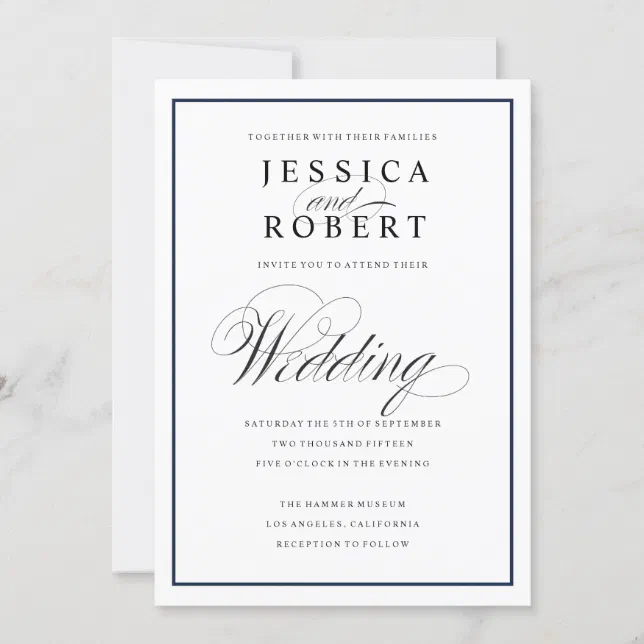 Elegant Script and Navy Border Wedding Invitation | Zazzle