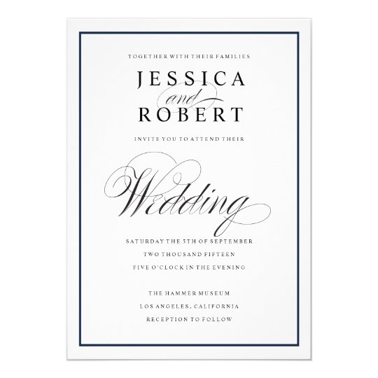 Elegant Script and Navy Border Wedding Invitation | Zazzle.com