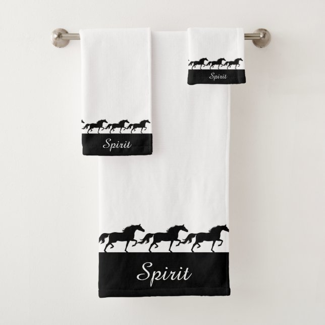 Elegant Script and Stylish Horses on White Bath Towel Set (Insitu)