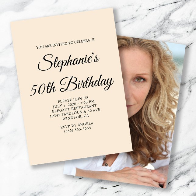 Elegant Script Antique White Photo 50th Birthday Invitation (Elegant Script Antique White Photo 50th Birthday Invitation)