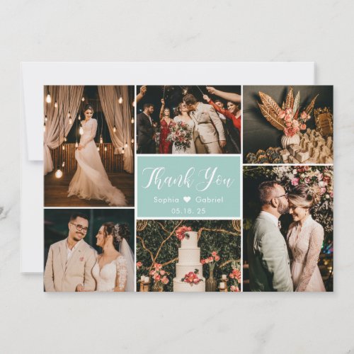 Elegant Script Aqua Wedding Multi Photo Collage Thank You Card