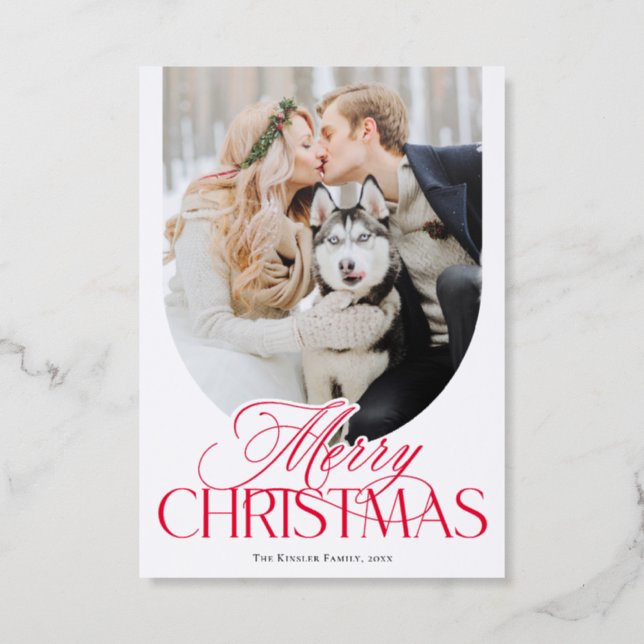 Elegant Script Arch Merry Christmas Letterpress Photo Cards (Front)