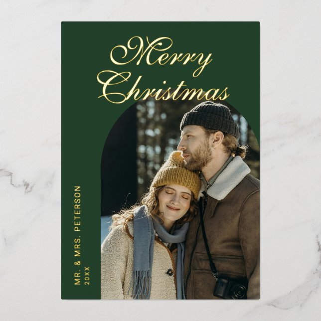 Elegant Script Arch Newlyweds Photo Green Gold Foil Holiday Card (Front)