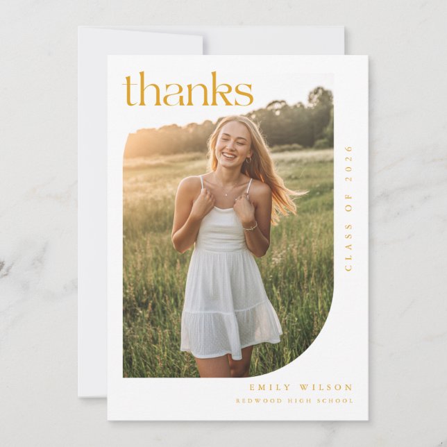 Elegant Script Arch Photo Gold Graduation Thank You Card (Front)