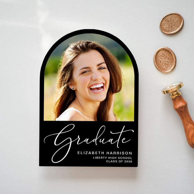 Elegant Script Arch Photo Graduation Announcement (Share the pride and excitement of your graduate's achievement with friends and family near and far)
