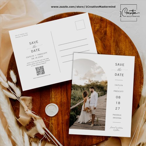 Elegant Script Arch Photo QR Code Save the Date Postcard