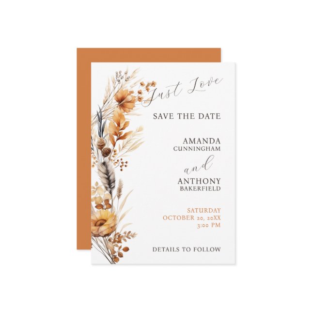 Elegant Script Autumn Fall Flowers Wedding  Save The Date (Front/Back In Situ)