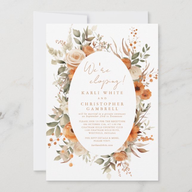 Elegant Script Autumn Floral Elopement Reception Invitation (Front)