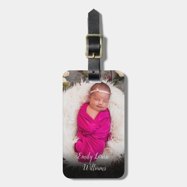 Elegant Script Baby Photo Luggage Tag (Front Vertical)