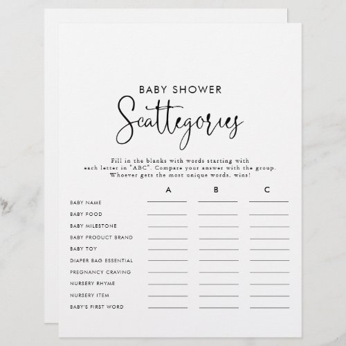 Elegant Script Baby Shower Scattegories Game 