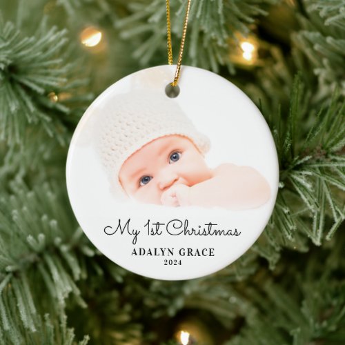 Elegant Script Babys First Christmas Photo Cerami Ceramic Ornament