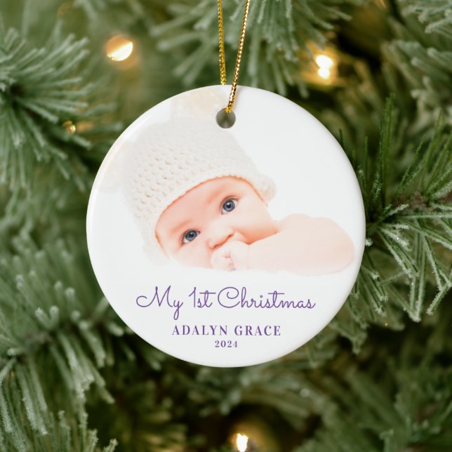 Elegant Script Baby's First Christmas Photo Cerami Ceramic Ornament (Tree)