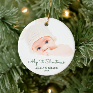 Elegant Script Baby's First Christmas Photo Cerami Ceramic Ornament
