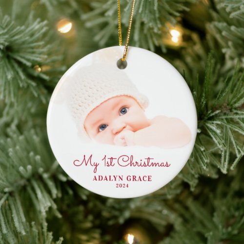 Elegant Script Babys First Christmas Photo Ceramic Ornament