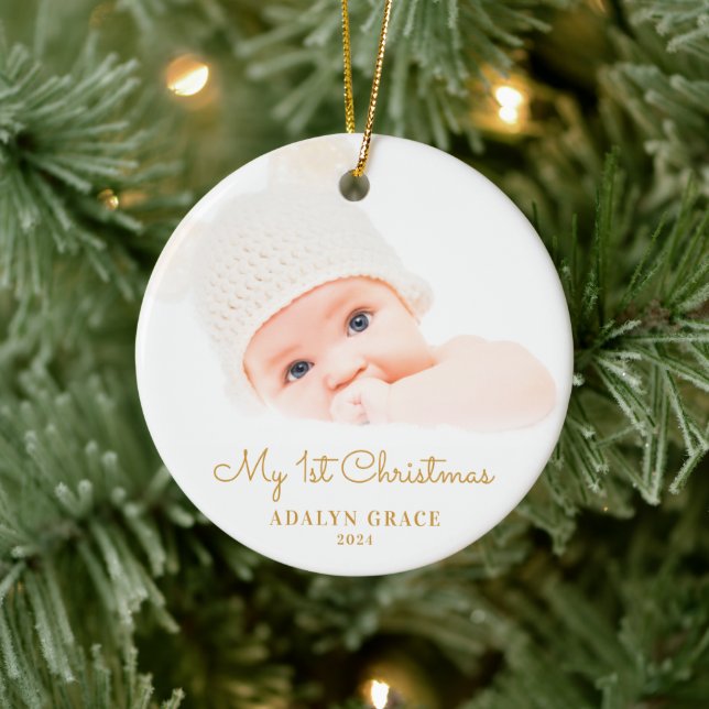 Elegant Script Baby's First Christmas Photo Gold Ceramic Ornament (Tree)