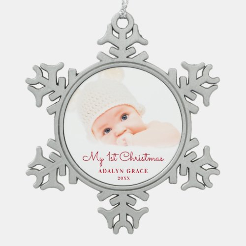 Elegant Script Babys First Christmas Photo Snowflake Pewter Christmas Ornament
