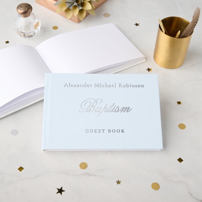 Elegant Script Baptism Light Blue Foil Guest Book (Front Open)