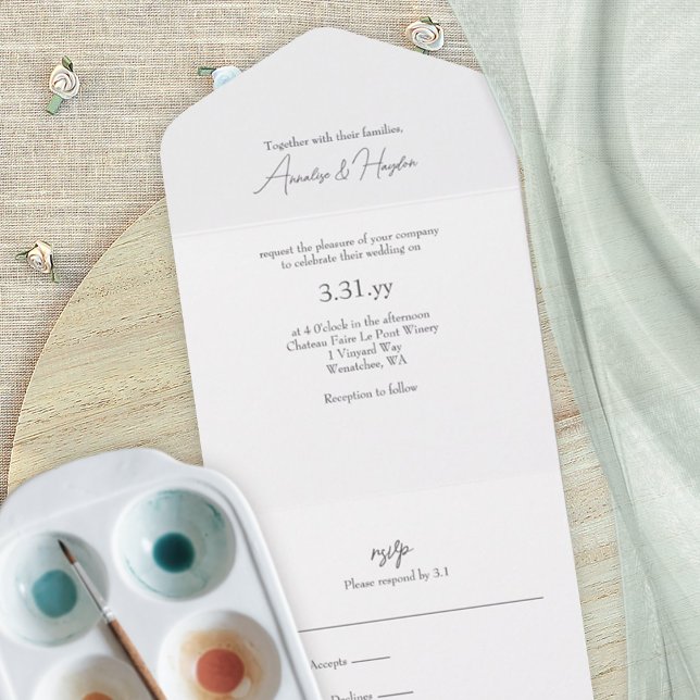 Elegant Script Basic, Minimalistic Wedding All In One Invitation (simple, minimalist, blank text-only wedding invitation, modern, elegant script, all-in-one with rsvp)