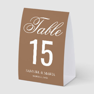 Elegant Script Beige Tan Wedding Table Number Paper Table Tent