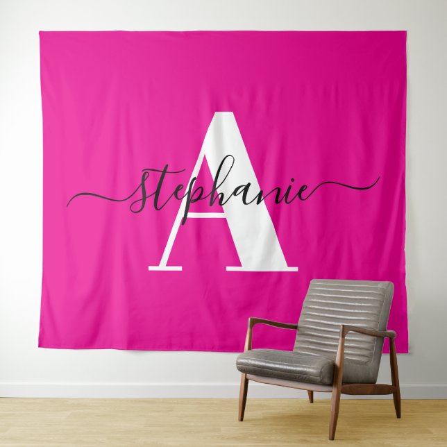 Elegant Script Big Monogram A Hot Pink Tapestry (In Situ (Horizontal))