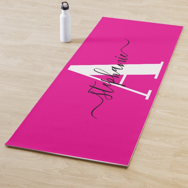 Elegant Script Big Monogram A Hot Pink Yoga Mat (In Situ)