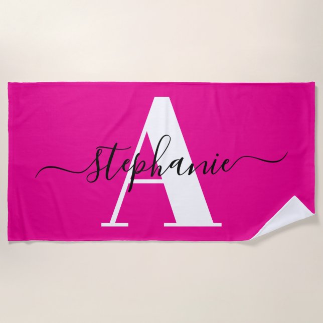 Elegant Script Big Monogram Hot Pink Beach Towel (Front)