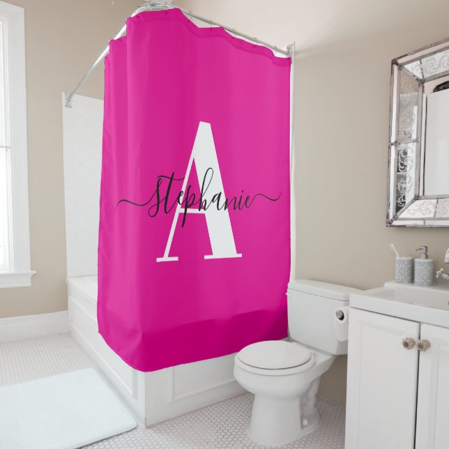 Elegant Script Big Monogram Hot Pink Shower Curtain (In Situ)