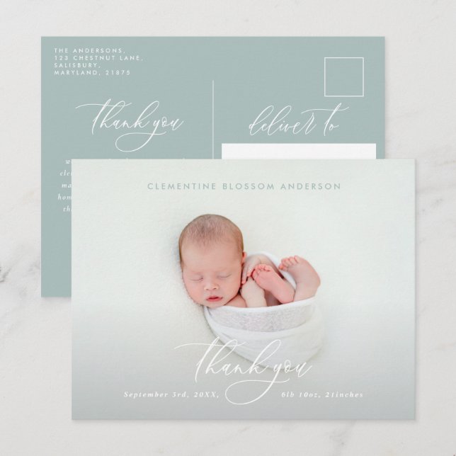 Elegant script birth announcement photo thank you (Front/Back)