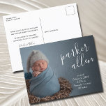 Elegant Script Birth Announcement Postcard<br><div class="desc">Elegantly sweet birth announcement postcards feature your favorite newborn photo in full bleed,  with baby's name in slanted white script and birth stats in chic white lettering and your personal message on the back. MATCHING items in our store.</div>