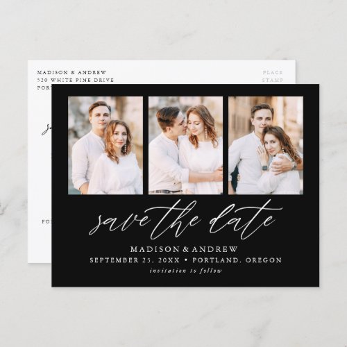 Elegant Script Black 3 Photo Collage Save the Date Announcement Postcard