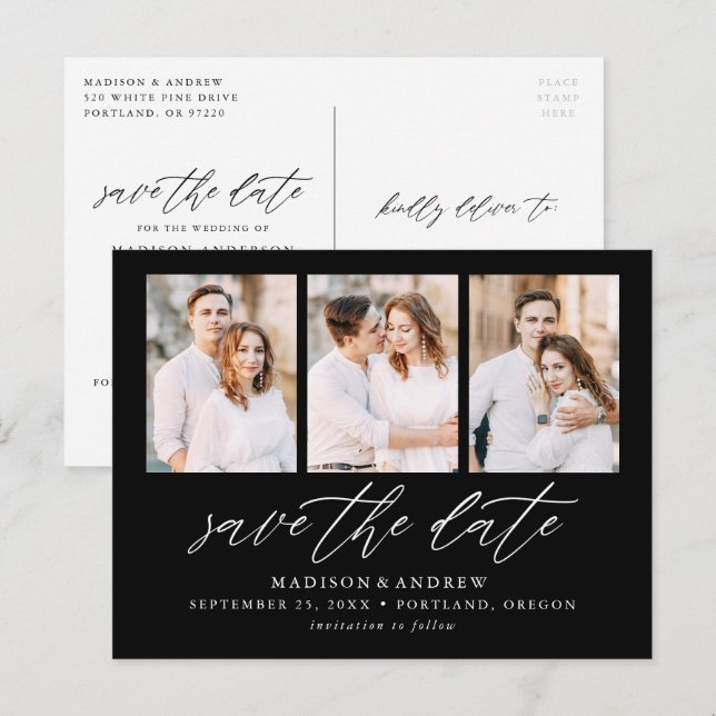 Elegant Script Black 3 Photo Collage Save the Date Announcement Postcard (Front/Back)