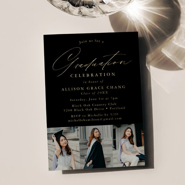 Elegant Script Black 3 Photo Graduation Party Foil Invitation (Creator Uploaded)