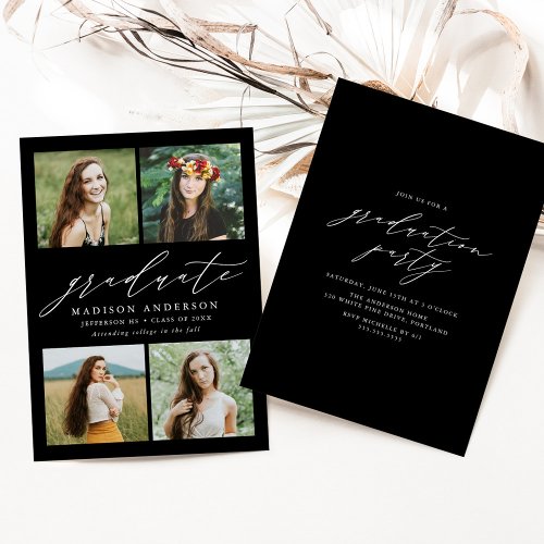 Elegant Script Black 4 Photo Graduation Party Invitation