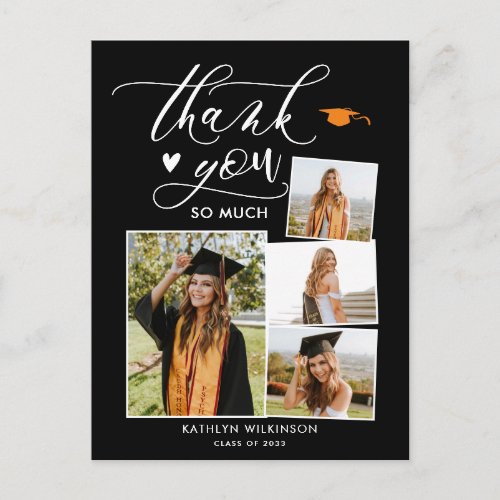 Elegant Script Black 4 Photo Graduation Thank You Postcard