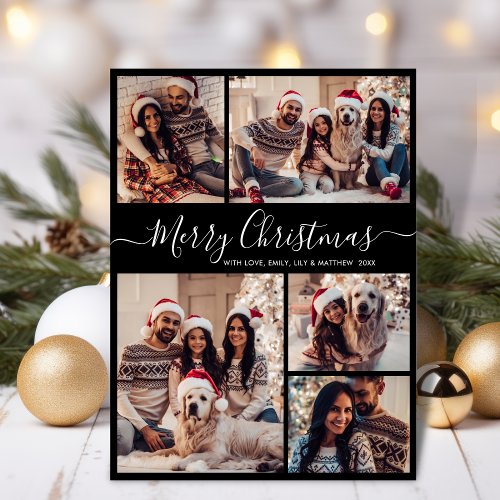 Elegant Script Black 5 Photo Collage Christmas  Holiday Card