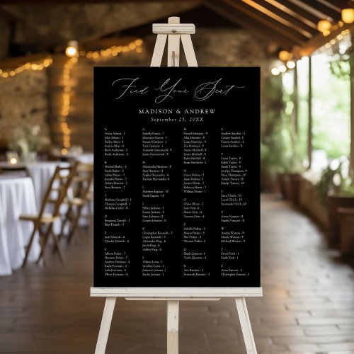 Elegant Script Black Alphabetical Seating Chart Foam Board