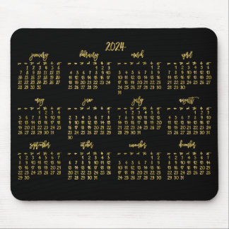 Elegant Script Black And Faux Gold Calendar 2024 Mouse Pad
