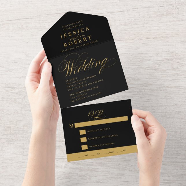 Elegant Script Black and Gold Calligraphy Wedding All In One Invitation (Tearaway)
