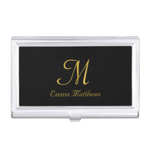 Elegant Script Black and Gold Monogram Name Business Card Case