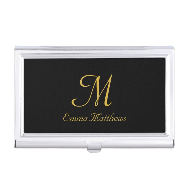Elegant Script Black and Gold Monogram Name  Business Card Case (Front)