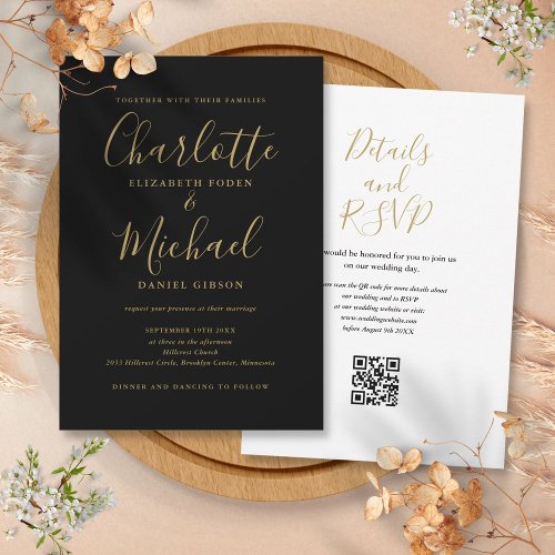Elegant Script Black And Gold QR Code Wedding Invitation